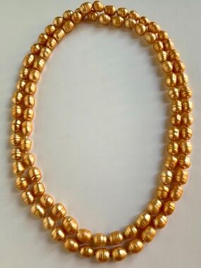 Vintage 40” Baroque Freshwater Pearl Necklace Apricot Gold 9mm Opera Length